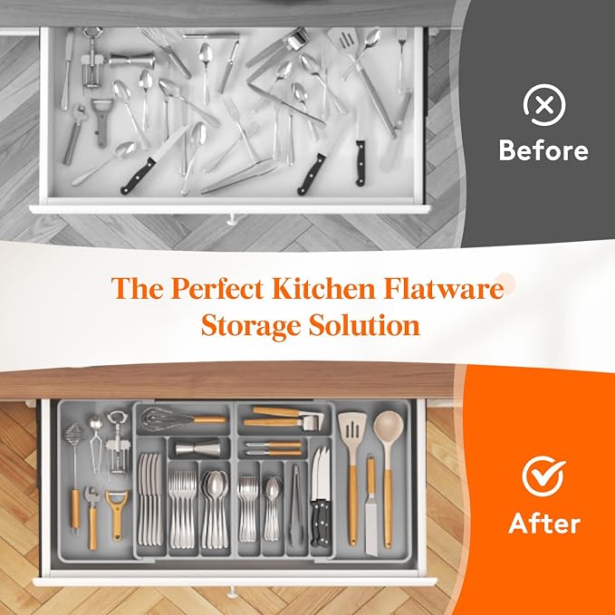 Lifewit Silverware Drawer Organizer, Expandable BPA Free Plastic Utensil Tray for Kitchen, Adjustable Flatware Cutlery Holder for Spoons Forks Knives, 21.3- 36 x 16.9", Gray