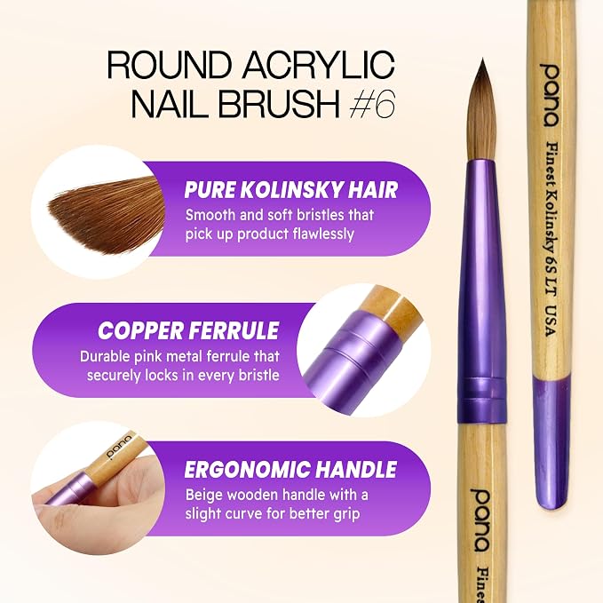 Pana Acrylic Nail Brush Pure Kolinsky Hair Beige Purple Wood Handle with Purple Ferrule Round Shaped Style (Size # 6)