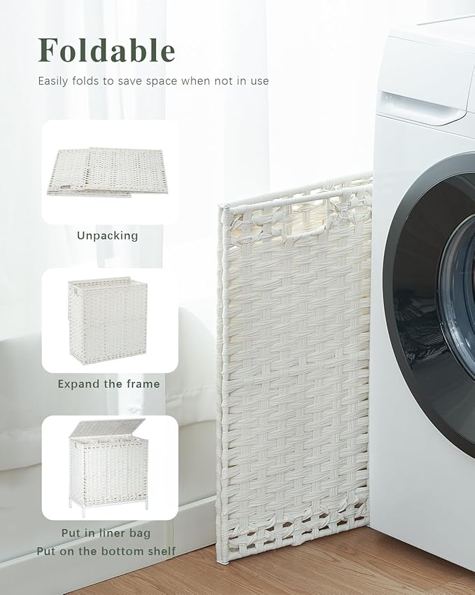 SETVSON Laundry Hamper with Lid, 112 L Handwoven Rattan, Cloud White | 2-Section Large Basket, 2 Removable Liner Bags, 3.34-In Heightened Metal Feet, 6 Mesh Laundry Bags, Side Handles