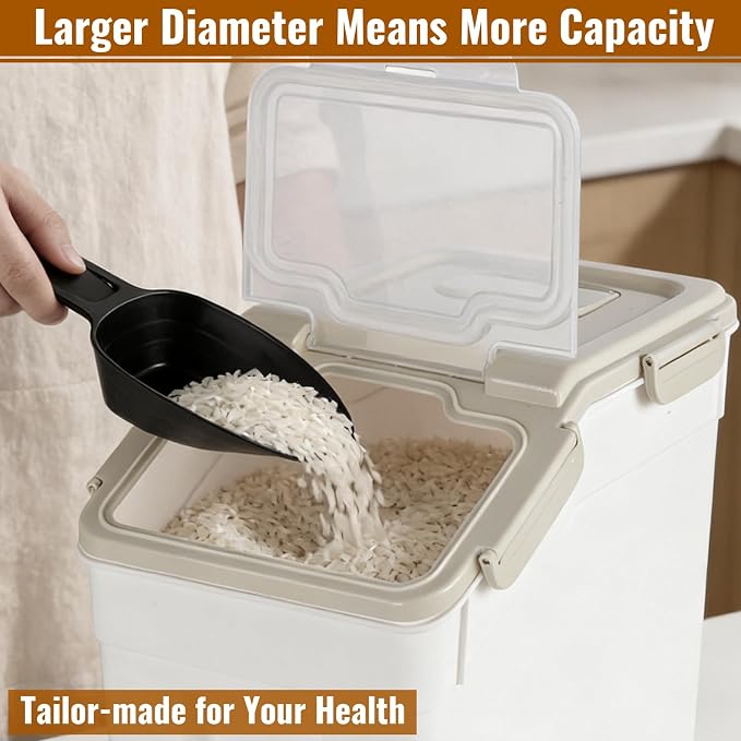 4 Pack Rice Container 25 lbs Large Bulk Flour Sugar Storage Holdhouse Plastic Grain Cereal Dry Goods Bin with Spoon and Measuring Cup for Kitchen Pantry Organization - Grey