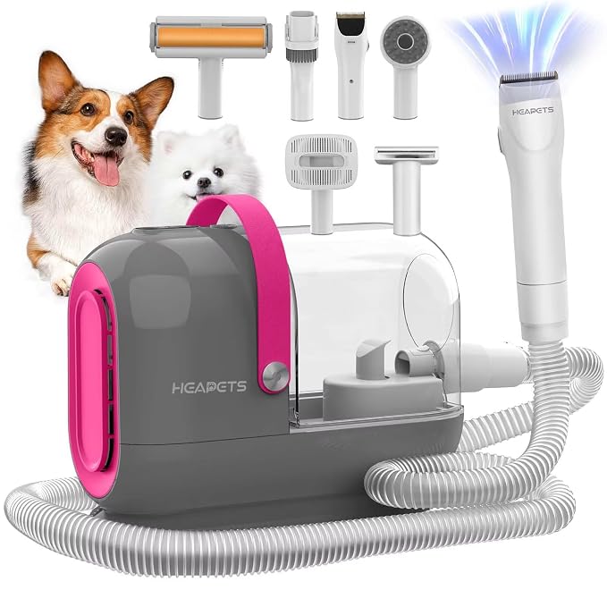 HEAPETS Dog Grooming Vacuum Kit - 3L Vacuum with 7 Tools, Low Noise Electric Clipper and Brush for Pet Shedding at Home, Gray