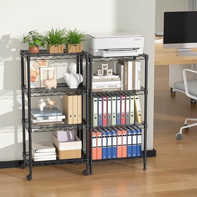 Golpart Small 4 Tier Shelves Storage Wire Shelving Unit Metal Shelf Adjustable Organizers Storage Shelving with Wheels for Bathroom Laundry Room Kitchen Pantry11.7”D x 17.7”W x 44.8”H Black