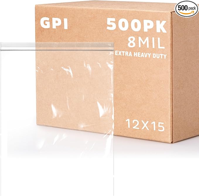 GPI - 12" x 15" Ultra Heavy-Duty Zip Bags, Large 8 Mil Thick Reclosable Puncture-Resistant Plastic Zipper Baggies, Resealable Poly Zip Top Bag for Construction, Tools & Sharp Objects. 500 Count