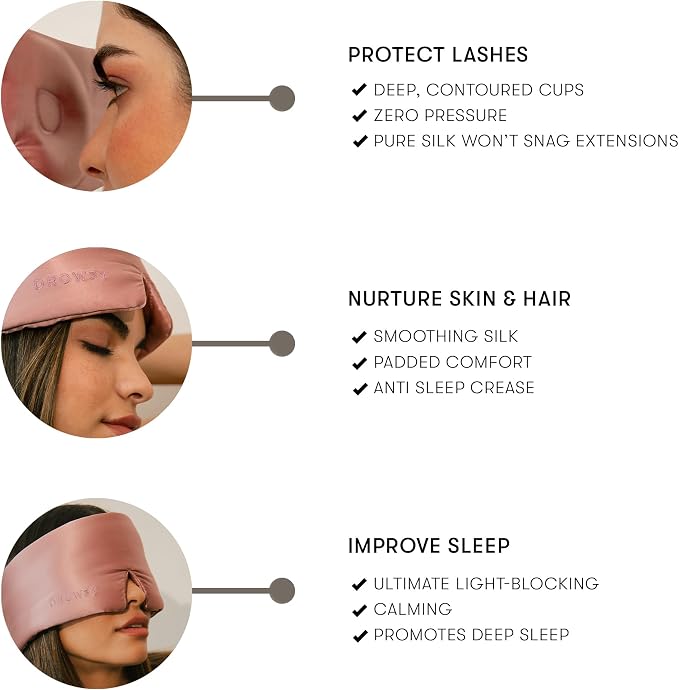 DROWSY Eyelash Protecting Silk Sleep Mask for Natural Lashes & Extensions. Deep Eye Cups, Zero Pressure, Total Blackout, Full Wraparound (Damask Rose)