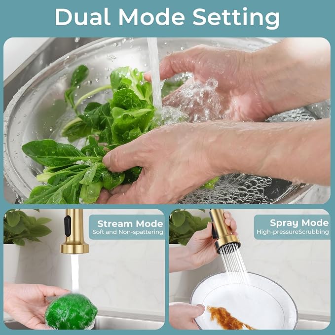 Kitchen Faucet with Soap Dispenser, Brushed Gold | 360° high arc spout, single handle, fingerprint-resistant, drip-free valve, DIY install kit, NSF certified