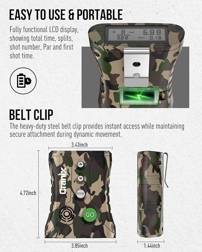 Professional Shot Timer for Shooting Competition, 0.01s Precision Tactical Training Shot Timers with Loud Buzzer, Enhanced Detection & Long Battery Life & 4 Modes (Camo)