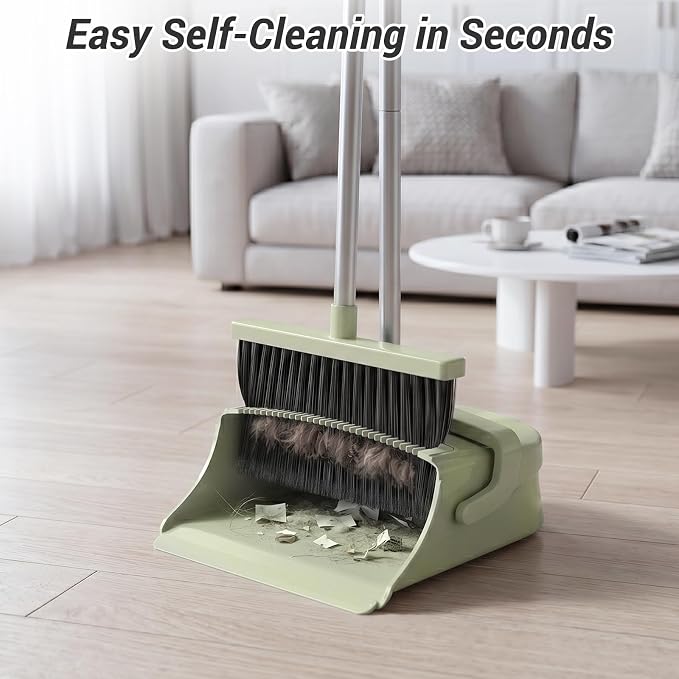 Broom with Dustpan Combo Set, Long Handle Upright Standing Self-Cleaning Broom and Dustpan Set for Pet Hair & Dust Cleanup, Indoor Outdoor Use for Home, Kitchen, Office, Green