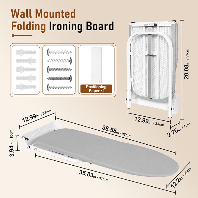 Wall Mounted Folding Ironing Board, Gray | Space Saving Ironing Board with Heat Resistant Cover, Compact Foldable Iron Board for Small Space Home Laundry Room