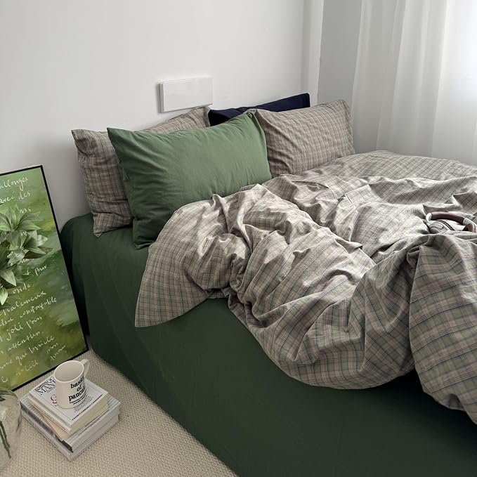 mixinni Vintage Green Buffalo Plaid Duvet Cover Set Full Size - 3 Piece Mid-Century Washed Cotton Bedding Set with Grid Pattern, Ultra Soft & Breathable Duvet Cover with Pillowcases for All Seasons