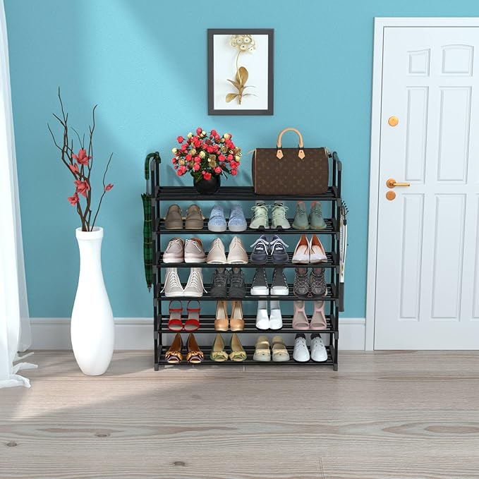 Hsscblet 6 Tiers Metal Shoe Rack,Adjustable Shoe Shelf Storage Organizer with Hooks,Stackable Boot & Shoe Storage,for Entryway,Hallway,Closet,Black