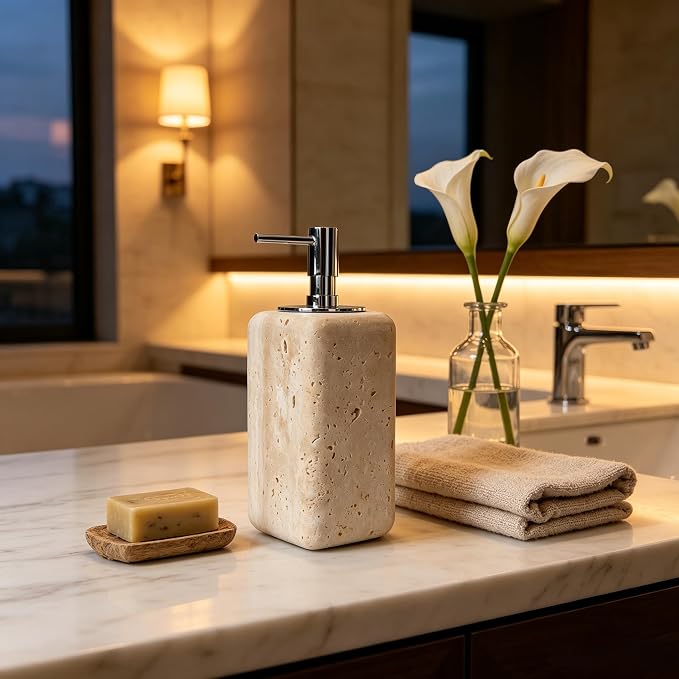 Travertine Soap Dispenser Bathroom Accessories, Natural Organic Premium Square Stone Lotion Dispenser with Metal Pump, Elegant Kitchen Hand Lotion Jar Soap Pump for Laundry Room Home Decor (Natural)