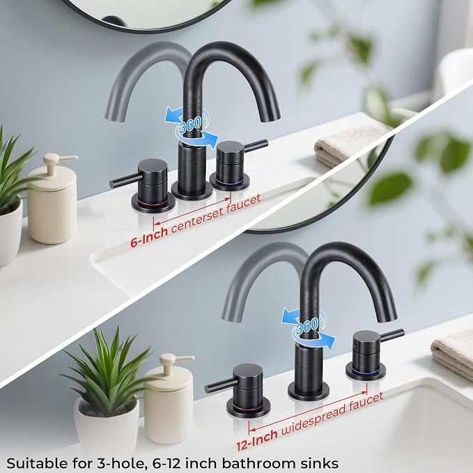 Bathroom Faucet 3 Hole, Oil Rubbed Bronze Bathroom Sink Faucet with Pop Up Drain, 8 inch Widespread Bathroom Faucet with 360° Swivel Spout, 2 Handle Vanity Faucet with Water Supply Hoses