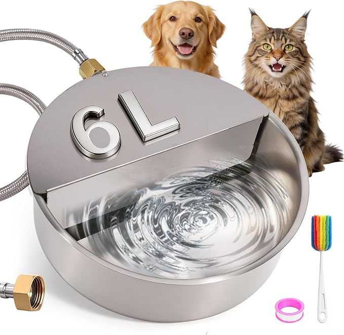 Automatic Dog Water Bowl Dispenser Large Breed Outdoor Pet Water Fountain with Float Valve 6.5L Heavy-Duty Stainless Steel Auto Waterer for Large Dogs Cats Puppy Chicken (1 Drinking Port)