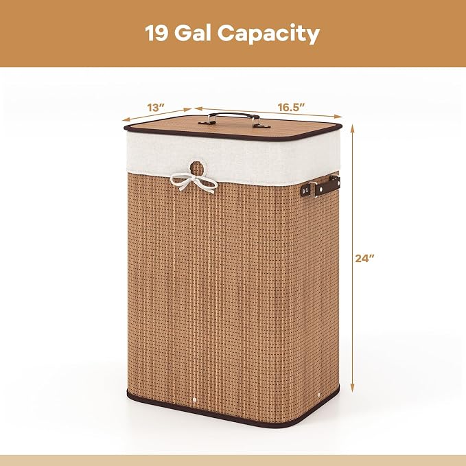 Giantex Bamboo Laundry Hamper with Lid Removable Liner & Handles | 72L Large & Tall Clothes Hamper, Rectangular Laundry Basket for Small Spaces, Laundry Room, Bedroom, Bamboo