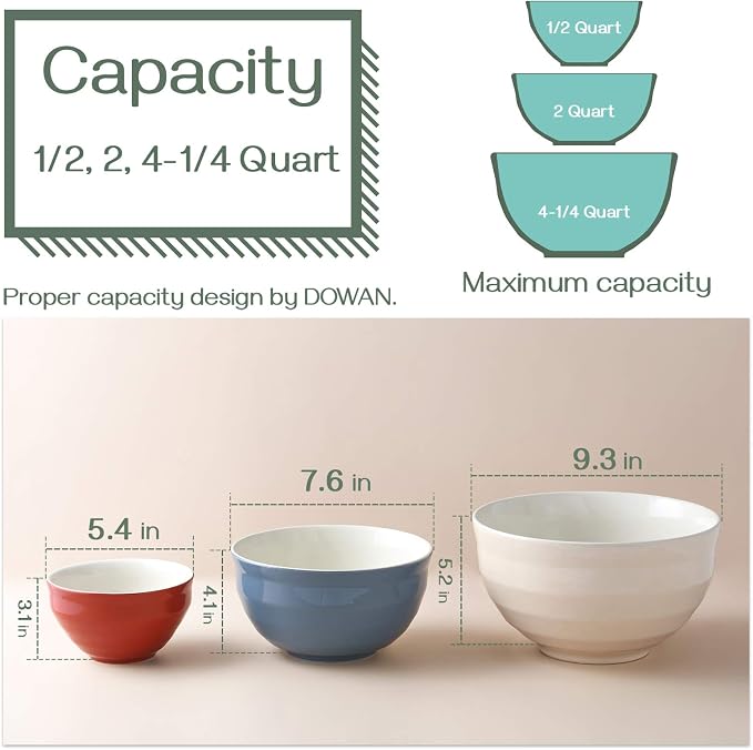 DOWAN Ceramic 4.25/2/0.5 Qt Mixing Bowls for Kitchen, Nesting Large Mixing Bowl Set for Space Saving Storage, Great for Cooking, Baking, Prepping