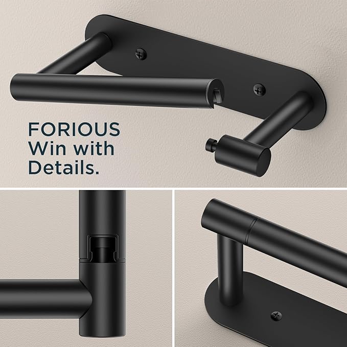 FORIOUS Toilet Paper Holder Wall Mount, Stainless Steel Rustproof Double Post Pivoting Tissue Roll Holder for Bathroom, Commercial Toilet Paper Dispenser (Matte Black, Modern Round 1 Pack)
