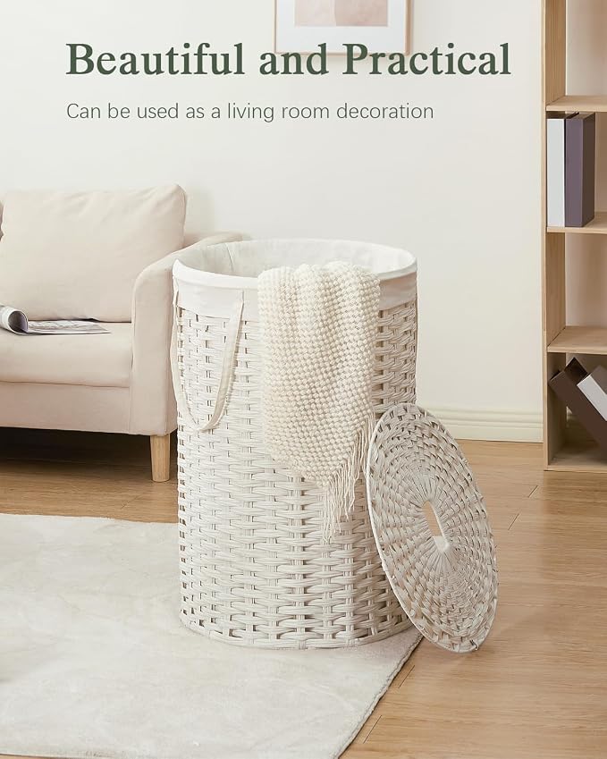 SETVSON Large Laundry Hamper Laundry Basket Round 34.3 Gal PE, White | Decorative PE Rattan Furniture Look for Bedroom, Jumbo Open-Top Laundry Hamper, Removable Bag, 2 Mesh Bags, Handles