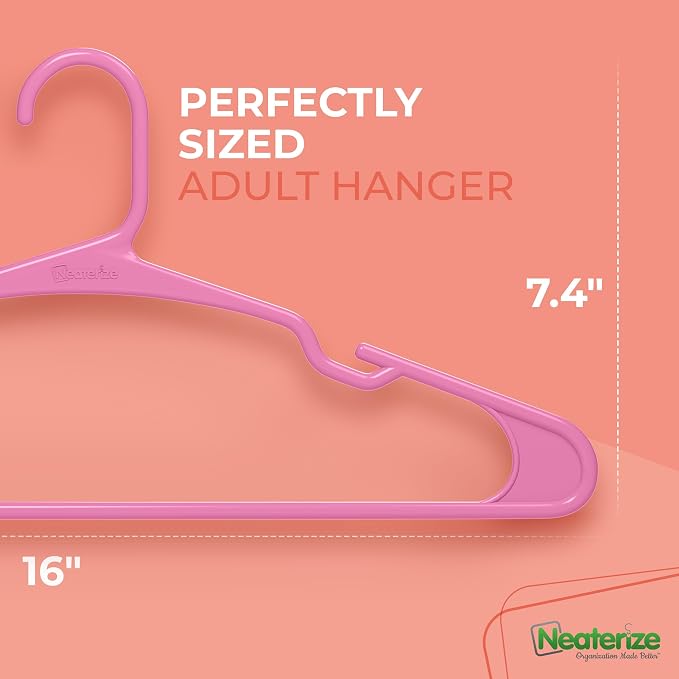 NEATERIZE Clothes Hangers Plastic 100 Pack for Adults - Plastic Hangers, The Perfect Coat Hanger and Space Saving Clothes Hangers for Closet - Pink Hangers