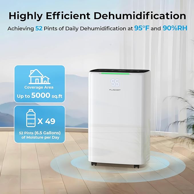 PLUSCENT 52 Pint Dehumidifier for Home and Large Basements, Up to 5000 Sq.Ft Coverage, Quiet 40dB, Continuous Drain Hose Included, Smart Humidity Control, 4 Modes, Auto Defrost, 24H Timer