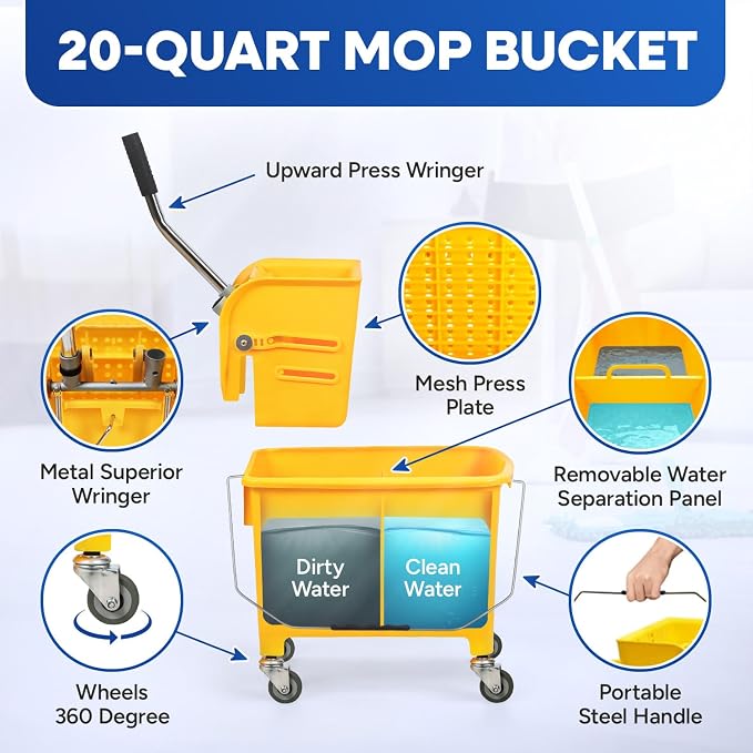 PLASTIC PRINCE Small Mop Bucket with Wringer on Wheels 5 Gallon, Heavy Duty Dual Chamber Mini Mop Bucket Separate Dirty Water, Perfect for Household, 20 Quart Yellow