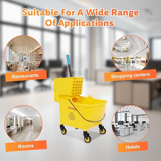 35 Qt Commercial Mop Bucket with Side Press Wringer on Wheels,Yellow Industrial Mops and Bucket Set for Floor Cleaning,Including 1 Industrial Mop ﻿