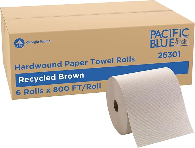 Pacific Blue Basic by Georgia-Pacific PRO Recycled Hardwound Paper Towel Rolls, Brown, 800 Feet Per Roll, 6 Rolls Per Case, 26301 | 1-Ply, Brown, Hardwound Roll, 40% Post-Consumer Fiber, Nonperforated Continuous, Dispenser Compatible, For Hand Drying