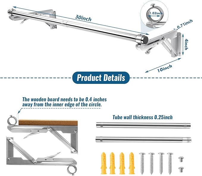TBMLC Foldable Wall Mounted Clothes Rack- 30'' Long Rod & 2 Thick Bases | Stainless Steel,Multi-Purpose for Space-Saving Garment Rack/Clothes Drying Rack/Clothes Hanger,Detachable Top Shelf Reserved