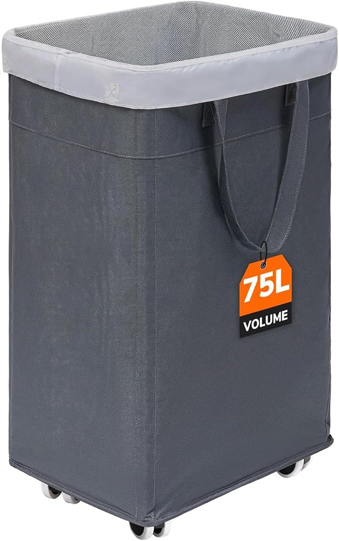 CHICVITA Rolling Laundry Basket with Wheels,75L Large Collapsible Laundry Hamper with Removable Wash Bag Space for Corner Dorms, Grey