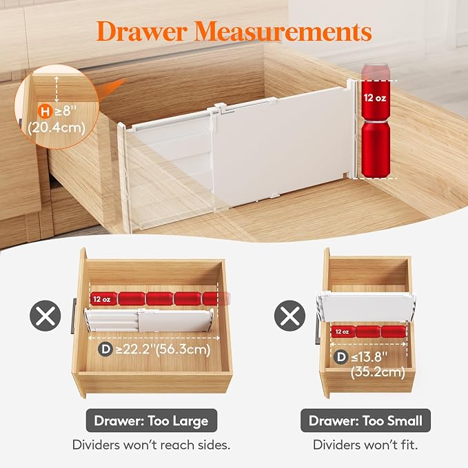 Lifewit 8" Tall 4 Pack Drawer Dividers, 13.8"-22.2" Adjustable Deep Drawer Organizer Clothes, Expandable White Plastic Separators for Dresser, Kitchen, Cabinet, Closet, Office Organization & Storage