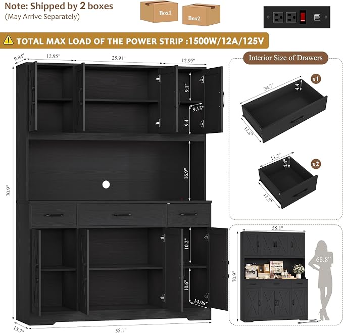 HOSTACK 71" H Kitchen Pantry Cabinet, 55" Kitchen Hutch, Black Wood Grain | Large Pantry Cabinet with Charging Station / Countertop / 3 Drawers, Farmhouse Hutch Cabinet with Storage for Dining Room