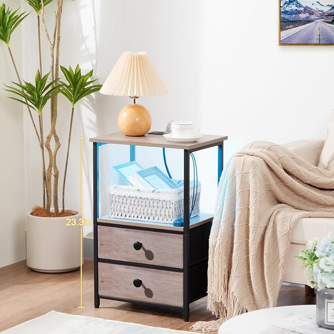 Nightstands Set of 2, LED Night Stand with Charging Station | Bedside Table with Type-C Outlets & 2 Fabric Drawers, End Tables with Storage Shelf for Bedroom, Small Spaces, Grey