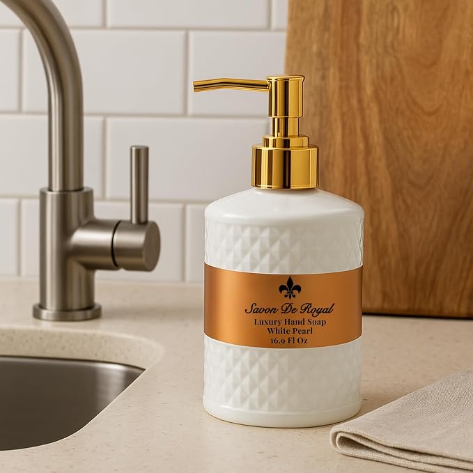 Savon De Royal Luxury Liquid Hand Soap, Musk - Vanilla Scent, Moisturizing Vegan Kitchen & Bathroom Soap for Hand Wash, Gentle & Nourishing Formula, Refillable Bottle 16.9 Fl Oz, White Pearl