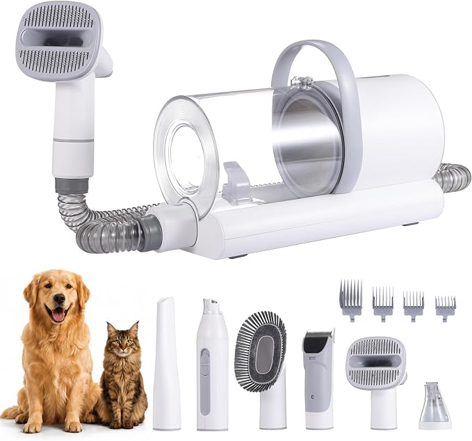 Dog Grooming Vacuum, 12000Pa Powerful with 1.5L Cup 7 in 1 Pet Electric Grooming Vacuum for with Hair Clipper & Shedding Brush, Low Noise, 3 Suction Levels for Thick Hair Cats & Dogs