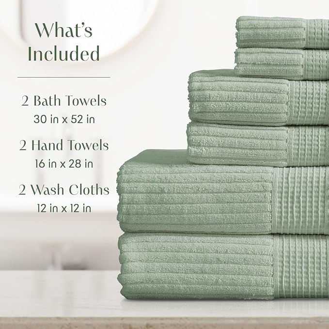 Springtree Home 100% Cotton Bath Towel Set | 6-Piece Set | Eucalyptus | Absorbent & Quick-Dry Bathroom Towels | Textured and Durable Cotton Towels for Bathroom | OEKO-TEX | Krista Collection