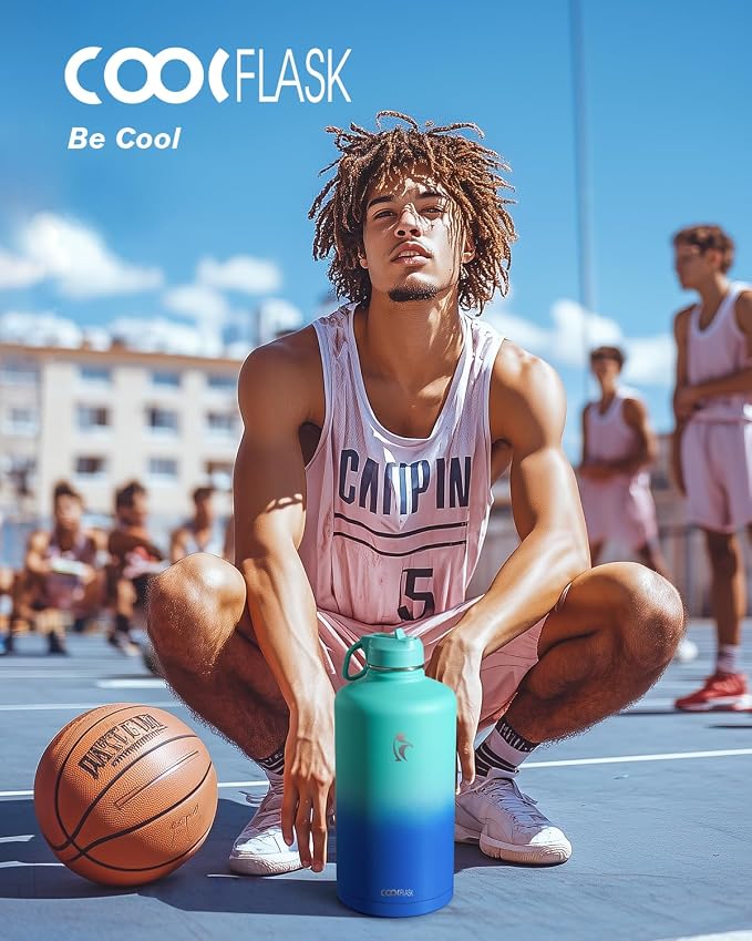Coolflask 128 oz Gallon Water Bottle Insulated with Straw&3 Lids, Water Jug Large Stainless Steel Metal Vacuum Wide Mouth for Sports, Gym or Office, Non-BPA Keep Cold 48H Hot 24H, Pacific Prince