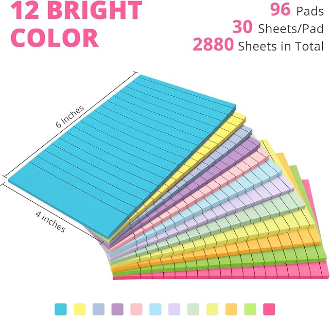 Lined Sticky Notes, 96 Pads, 4x6 Inches, Large Sticky Notes with Lines, Memo Note Pads in Multi Colors, 30 Sheets/Pad, Super Sticking Power for Office ＆ Home & Planning - Bright
