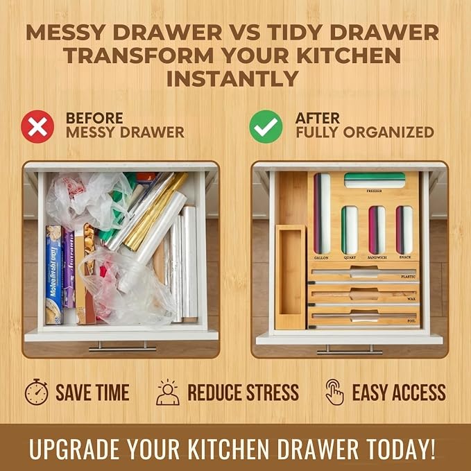 9 in 1 Storage Bag Organizer for Kitchen Drawer, Bamboo Foil and Plastic Wrap with Cutter, Ziplock Bag Organizer for Quart, Gallon, Sandwich & Snack Bags - Aluminum Foil Organizer