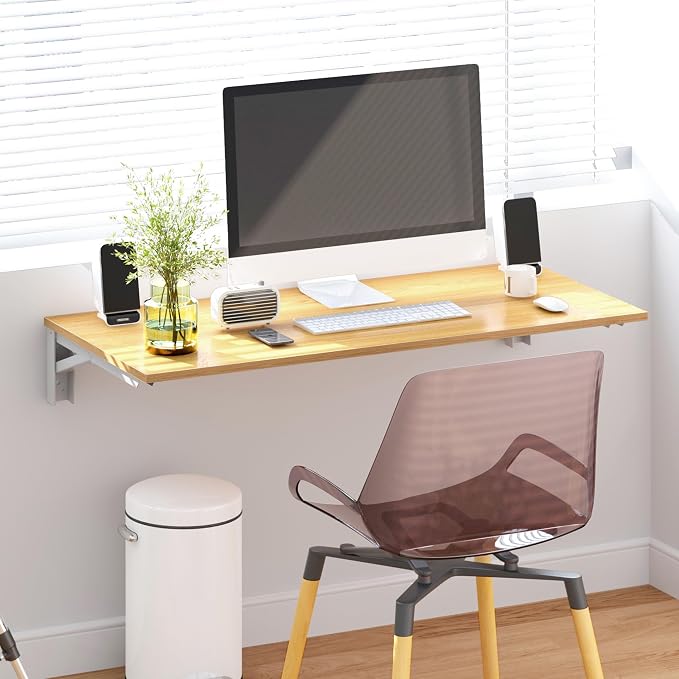Need 36x20IN Wall Mounted Folding Table for Office Laundry Teak | White Frame Fold Down Wall Mount Desk Folding Wall Table for Small Apartment, Garage&Ironing Station
