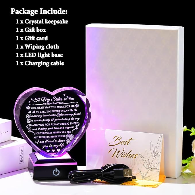 Arikyrist Meaningful Sister in Law Gifts with Colorful LED Base Wedding Birthday Gifts for Sister in Law Heart Crystal Keepsake Gift Ideas for Mother's Day Christmas Thanksgiving