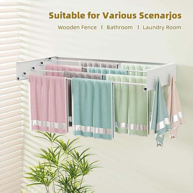 BAKON Wall Mounted Clothes Drying Rack 23.6'',Space Saving for Laundry Room | Heavy Duty Foldable Drying Rack Clothing for Hanging Towel, 60lbs Capacity, 4 Towel Hooks and 4 Rods