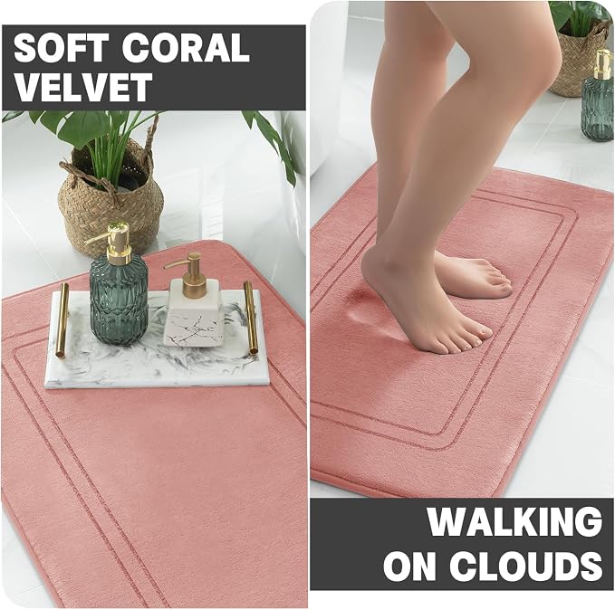 YIHOUSE Memory Foam Bath Mat Set, Bathroom Rugs Sets 3 Pieces, Non Slip Bath Mats for Bathroom, Super Soft and Water Absorbent Bath Rug Set, Machine Washable U Shape Toilet Rug,Pink
