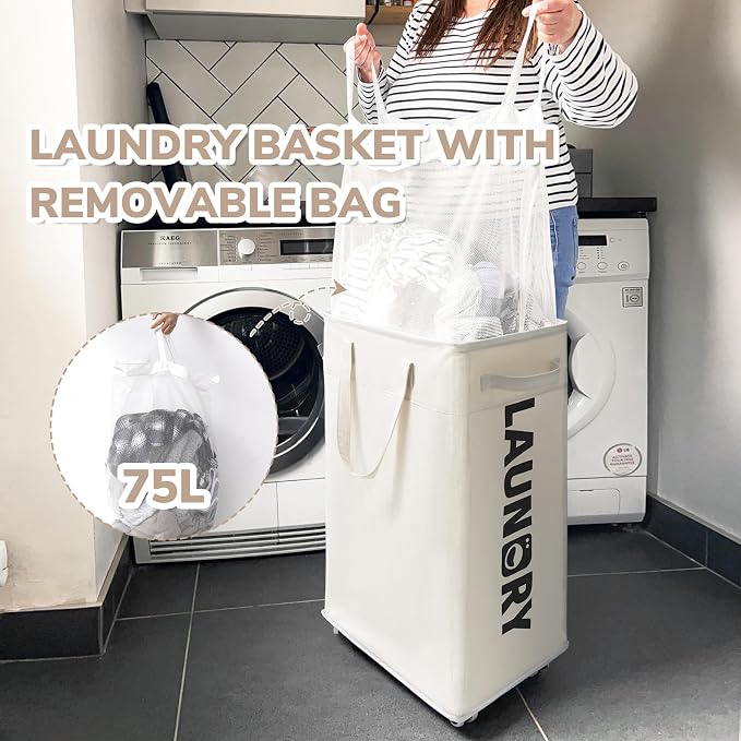 CHICVITA Collapsible Laundry Hamper on Wheels, 75L Clothes Laundry Basket with Removable Wash Bag for Dorms, Clothes Hamper with Handles, White