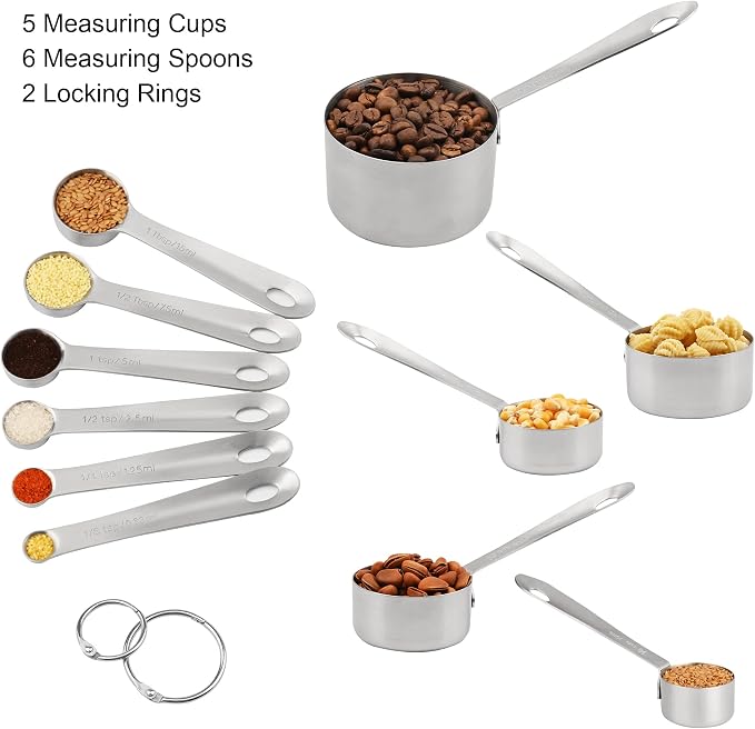 Measuring Cups and Spoons Set 11, 18/8 Stainless Steel Measuring Cups and Spoons for Dry & Liquid, 5 US & Metric Measure Cups and 6 Measure Spoons Set for Kitchen & Baking Measuring Tools