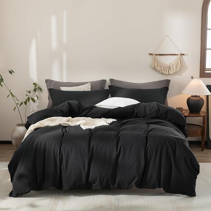 Black Duvet Cover Queen Size 100% Washed Cotton Bedding Set Cover 1 Duvet Cover with Zipper Closure and 2 Pillowcases, 90inch x 90inch