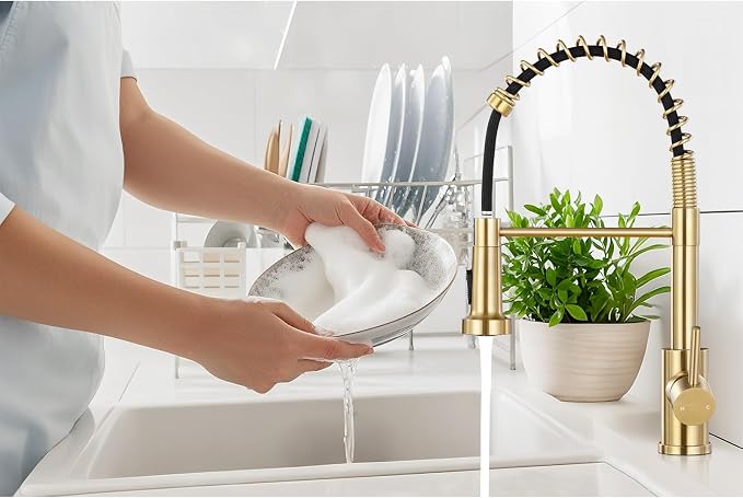 Kitchen Faucet with Soap Dispenser, Brushed Gold | 360° high arc spout, single handle, fingerprint-resistant, drip-free valve, DIY install kit, NSF certified