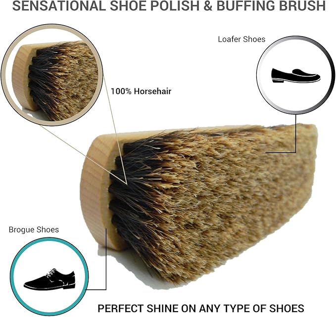 Long-Bristle Horsehair Shoe Shine Brush – Premium Buffing Brush for Leather Shoes & Boots – Hard Wood Handle with Sloted Bristles – Made in Germany