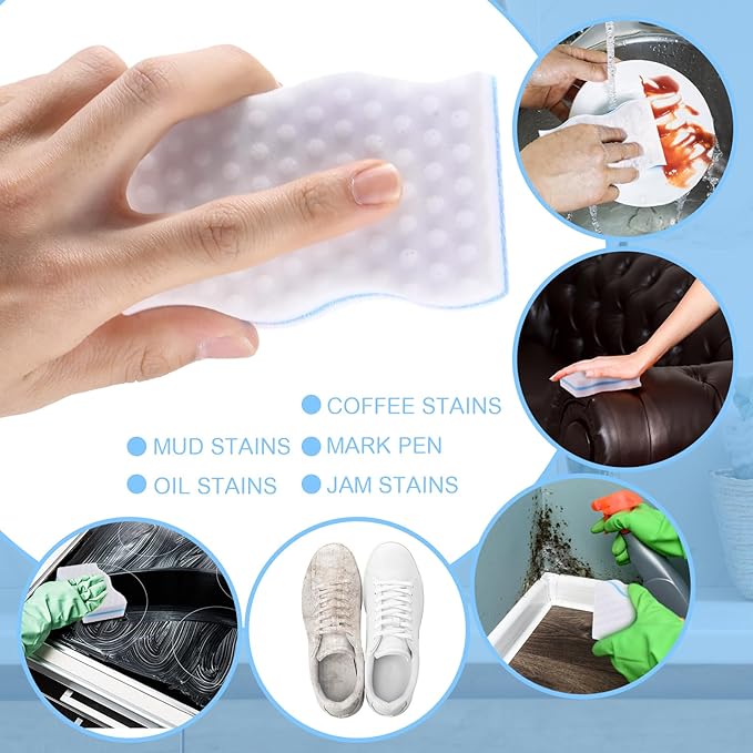 SiliFine Magic Extra Durable Sponge Eraser 3 Layer Density Cleaning Pads in Bulk Thick More Lasting Sponge Eraser for Bathroom Kitchen Floor Bathtub Toilet Cleaner(60 Pcs,White, Blue)