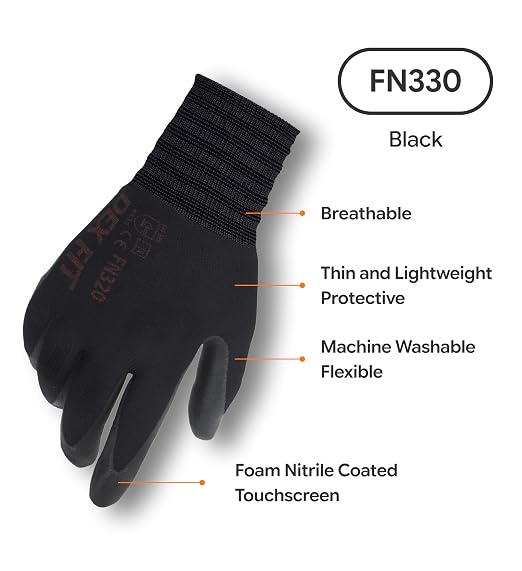DEX FIT Nitrile Work Gloves FN330, 3D Comfort Fit, Touchscreen Grip Gloves for Warehouse, Construction, Package Handling, Delivery & General Work, Men & Women, Black, L, 3 Pairs