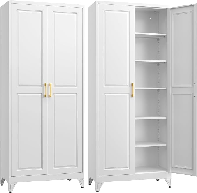 SteeLoong 75”Metal Pantry Storage Cabinet with Doors & 5 Adjustable Shelves | Kitchen Pantry Cabinet,White Kitchen Cabinet with 2 Gold Handles,Tall Cabinet for Livingroom,Pantry, Bathroom,Kitchen,Garage