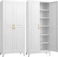 SteeLoong 75”Metal Pantry Storage Cabinet with Doors & 5 Adjustable Shelves | Kitchen Pantry Cabinet,White Kitchen Cabinet with 2 Gold Handles,Tall Cabinet for Livingroom,Pantry, Bathroom,Kitchen,Garage